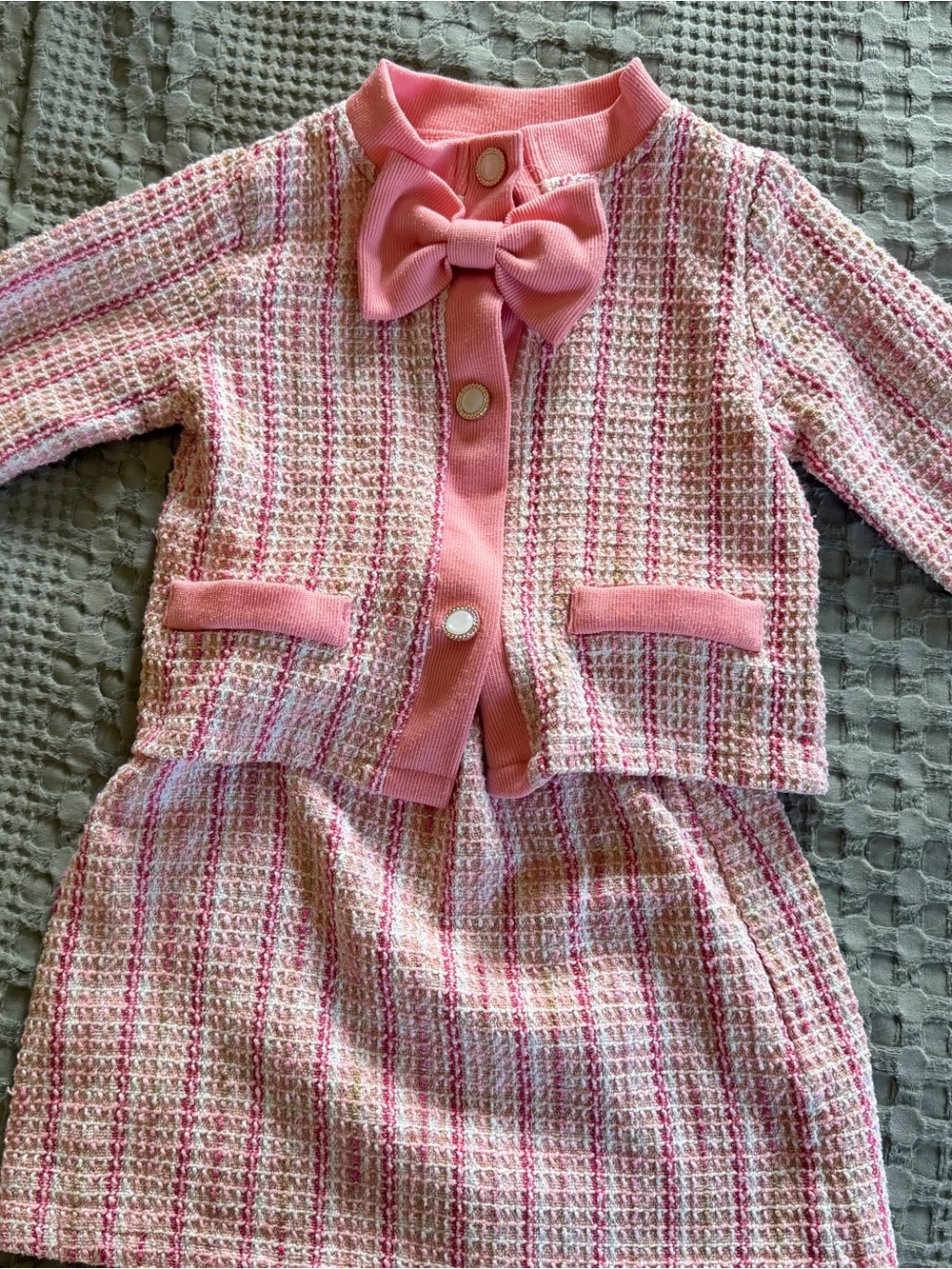 Girls Pink Bouclé Bow-Accent Jacket & Skirt set